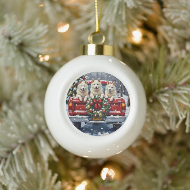 American Eskimo Dog Christmas Red Truck Holiday Ceramic Ball Christmas Ornament (Tree)