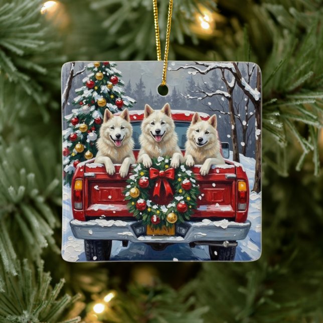 American Eskimo Dog Christmas Red Truck Holiday Ceramic Ornament (Tree)
