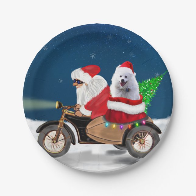 American Eskimo Dog Christmas Santa Claus Paper Plate (Front)