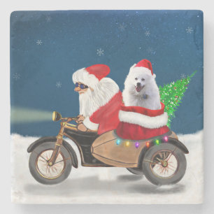 American Eskimo Dog Christmas Santa Claus Stone Coaster