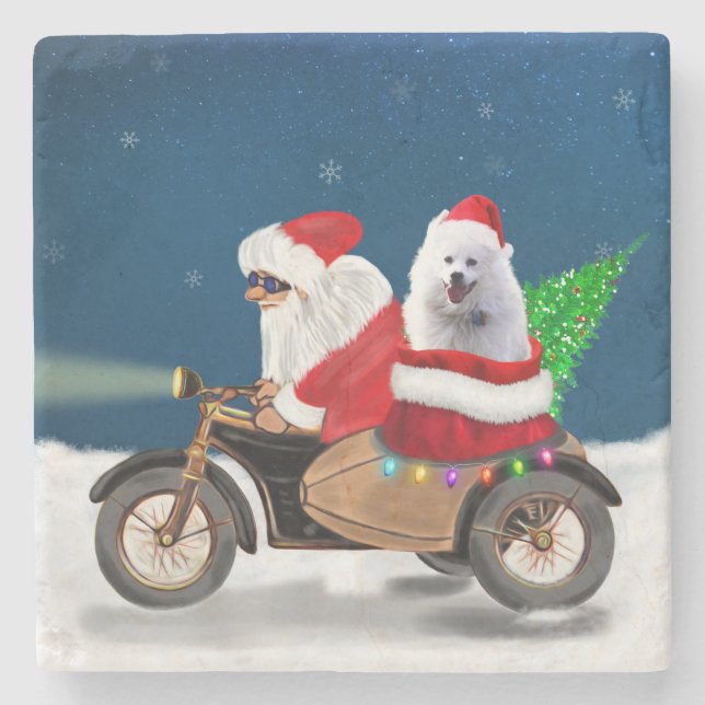 American Eskimo Dog Christmas Santa Claus  Stone Coaster (Front)