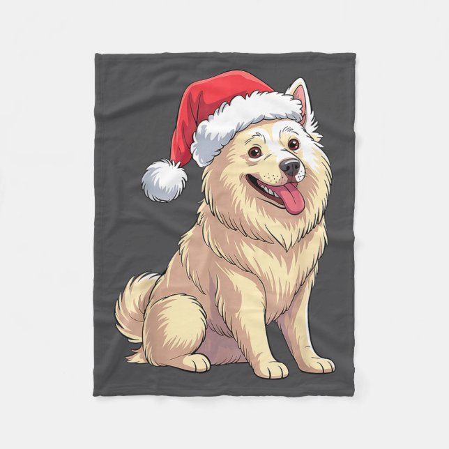 American Eskimo Dog Christmas Santa Hat Pet Dog Lo Fleece Blanket (Front)