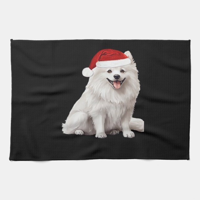 American Eskimo Dog Christmas Tree Dog Puppy Water Tea Towel (Horizontal)