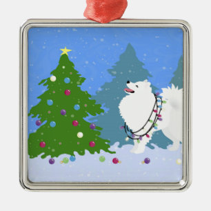 American Eskimo Dog Decorating Christmas Tree Metal Tree Decoration