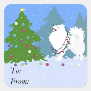American Eskimo Dog Decorating Christmas Tree Square Sticker