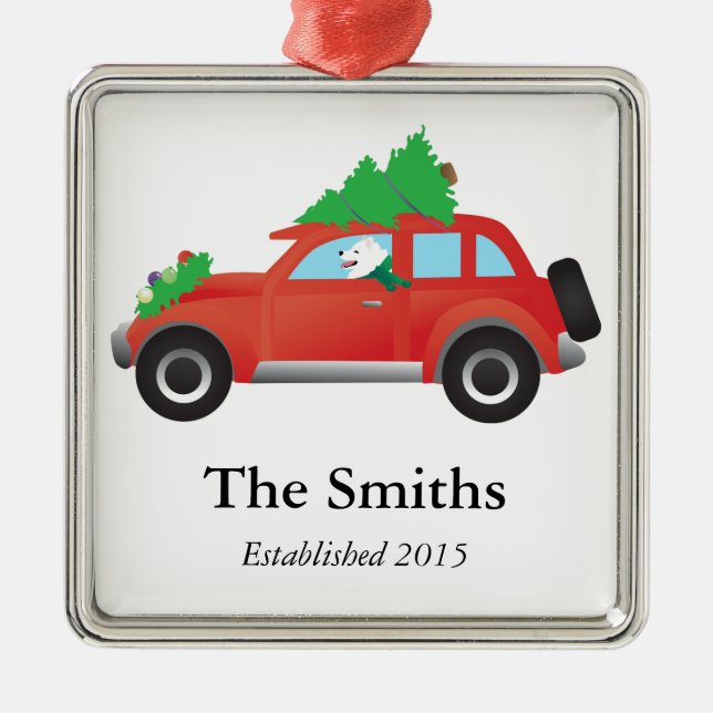 American Eskimo Dog Driving Car w/ Christmas tree Metal Tree Decoration (Front)