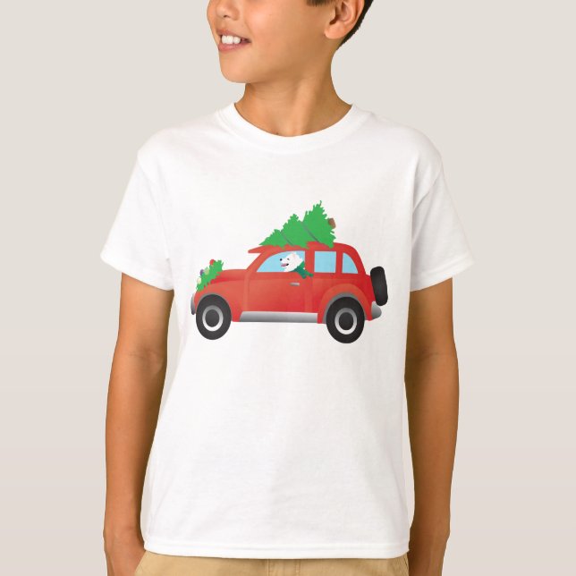 American Eskimo Dog Driving Car w/ Christmas tree T-Shirt (Front)