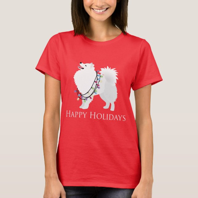 American Eskimo Dog Happy Holidays Design T-Shirt (Front)