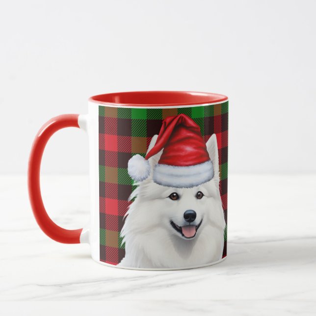 American Eskimo Dog Holiday Plaid Christmas Mug (Left)