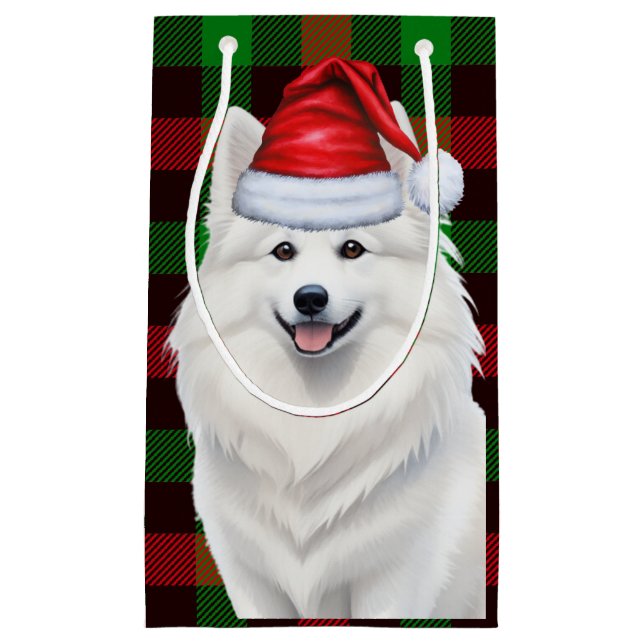 American Eskimo Dog Holiday Plaid Christmas Small Gift Bag (Front)