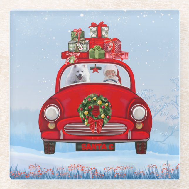 American Eskimo Dog In Car With Santa Claus Glass Coaster (Front)
