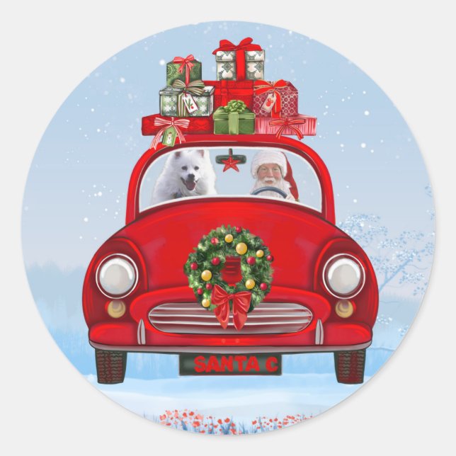 American Eskimo Dog In Car With Santa Clause Classic Round Sticker (Front)
