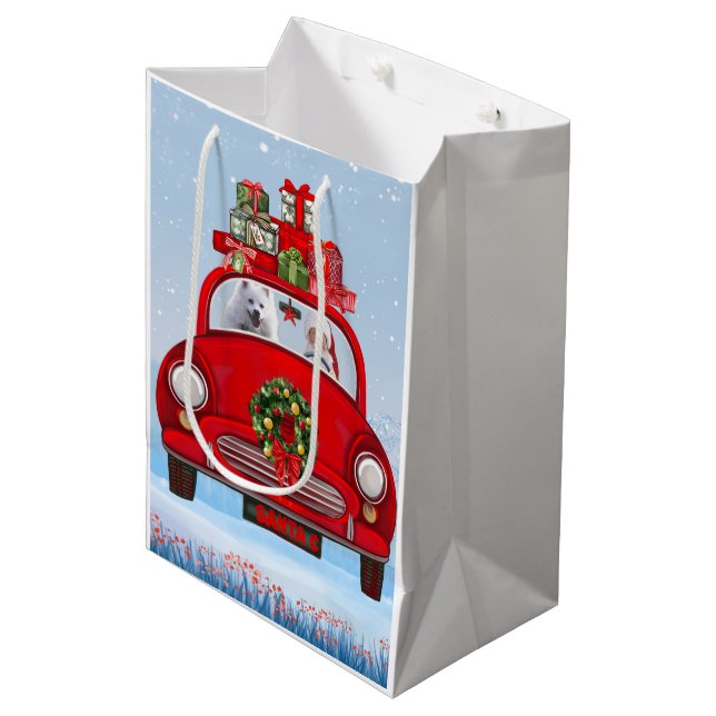 American Eskimo Dog In Car With Santa Clause  Medium Gift Bag (Front Angled)