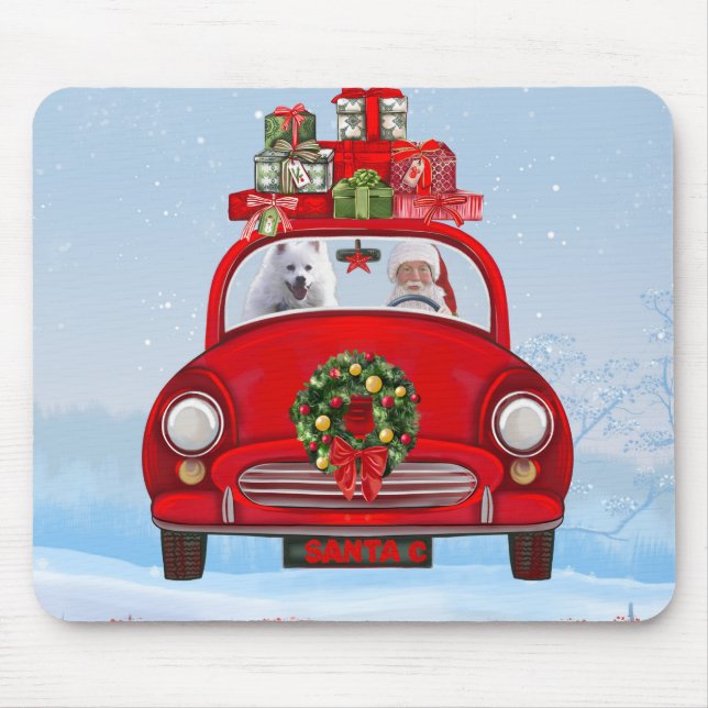 American Eskimo Dog In Car With Santa Clause  Mouse Mat (Front)