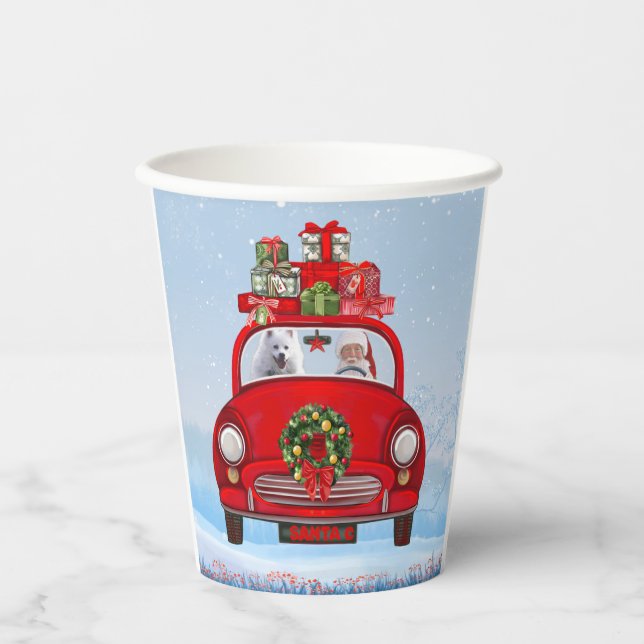 American Eskimo Dog In Car With Santa Clause  Paper Cups (Front)