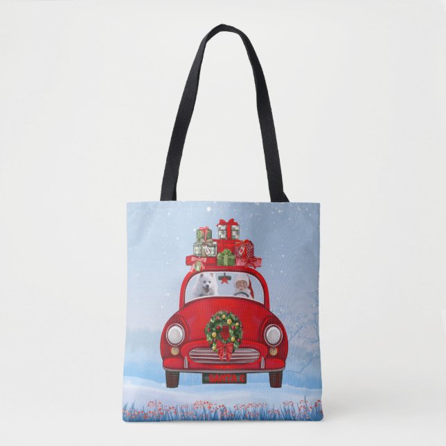 American Eskimo Dog In Car With Santa Clause  Tote Bag (Front)