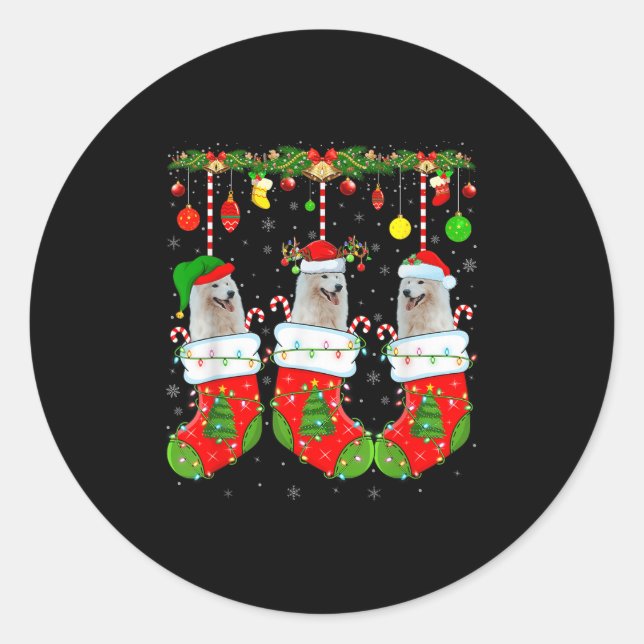 American Eskimo Dog In Christmas Socks Funny Dog L Classic Round Sticker (Front)