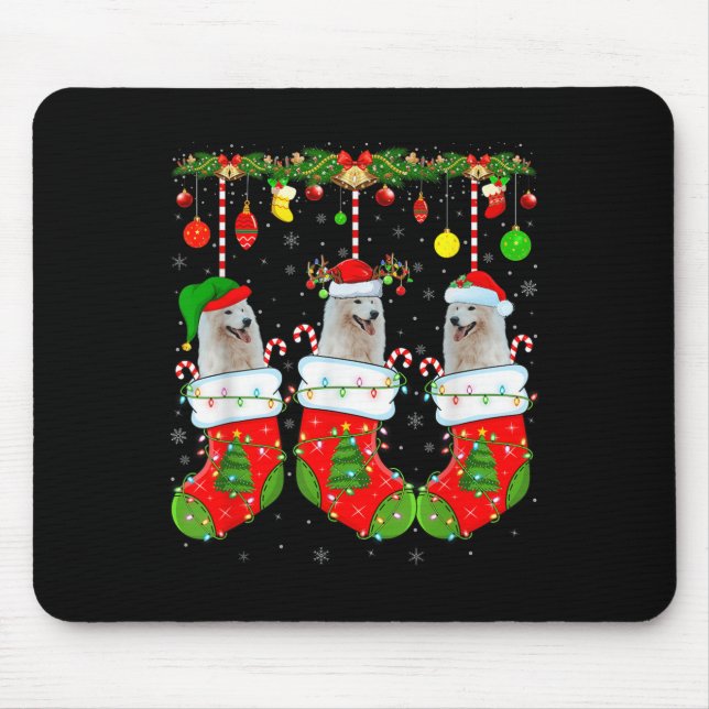 American Eskimo Dog In Christmas Socks Funny Dog L Mouse Mat (Front)