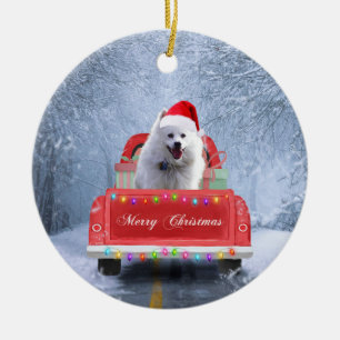 American Eskimo Dog in Snow sitting in Christmas  Ceramic Tree Decoration