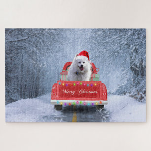 American Eskimo Dog in Snow sitting in Christmas Jigsaw Puzzle
