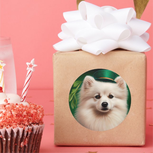 American Eskimo dog in St. Patrick's Day Dress  Classic Round Sticker (Party)