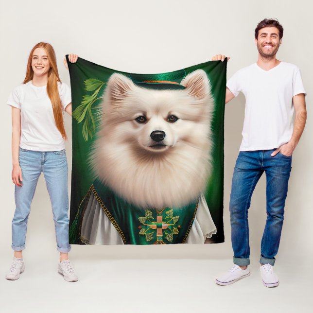 American Eskimo dog in St. Patrick's Day Dress Fleece Blanket (In Situ)
