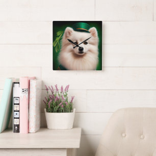 American Eskimo dog in St. Patrick's Day Dress Square Wall Clock