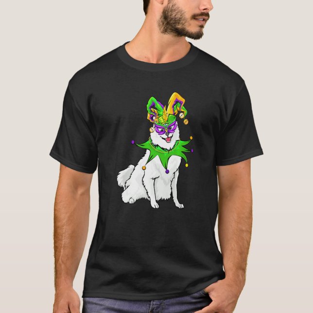 American Eskimo Dog Mardi Gras Mask Hat Bead Funny T-Shirt (Front)