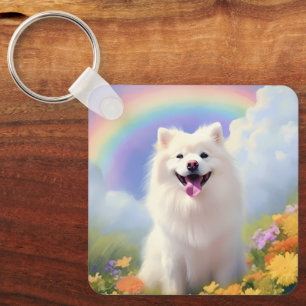 American Eskimo Dog Memorial Custom Name Rainbow Key Ring