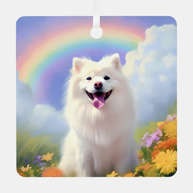 American Eskimo Dog Memorial Custom Name Rainbow Metal Tree Decoration (Front)