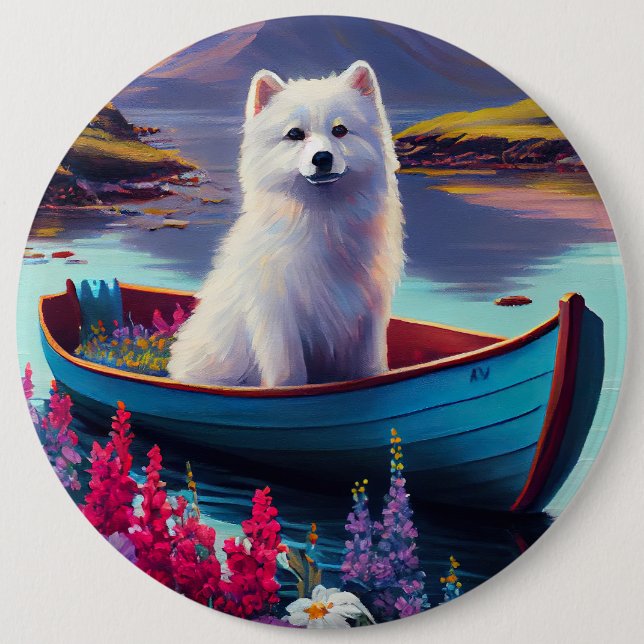 American Eskimo Dog on Paddle: A Scenic Adventure 6 Cm Round Badge (Front)