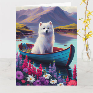 American Eskimo Dog on Paddle: A Scenic Adventure Card
