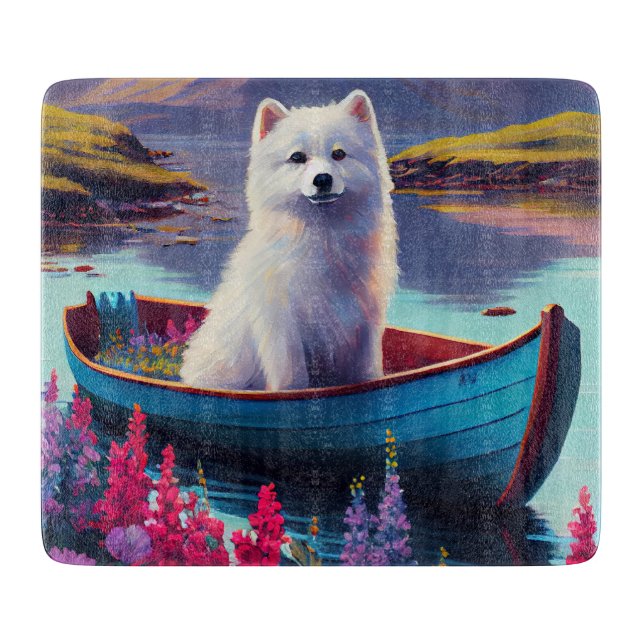 American Eskimo Dog on Paddle: A Scenic Adventure Cutting Board (Front)