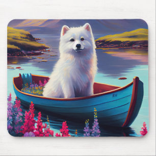 American Eskimo Dog on Paddle: A Scenic Adventure Mouse Mat