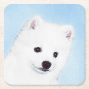 American Eskimo Dog Painting - Original Dog Art Square Paper Coaster