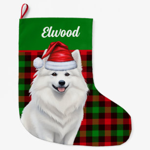 American Eskimo Dog Plaid with Name Large Christmas Stocking