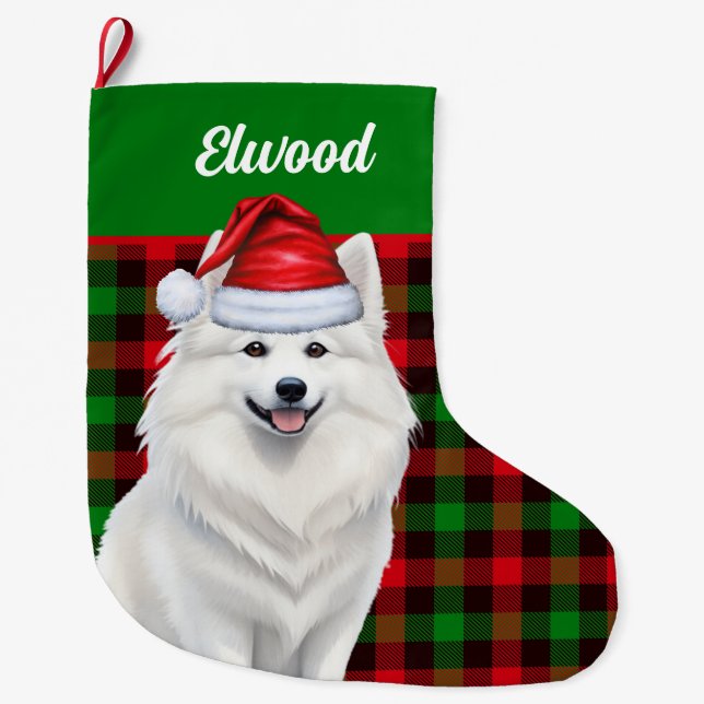 American Eskimo Dog Plaid with Name Large Christmas Stocking (Front)