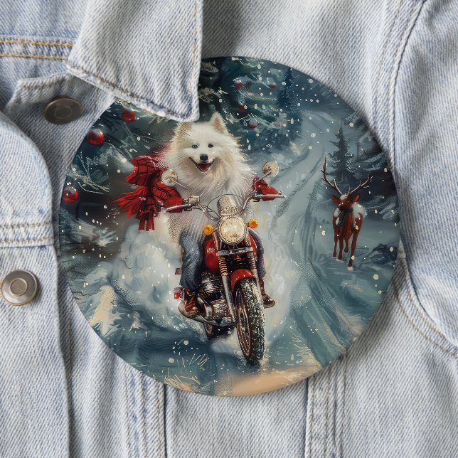 American Eskimo Dog Riding Motorcycle Christmas  6 Cm Round Badge (In Situ)