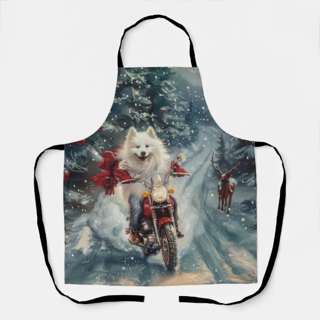 American Eskimo Dog Riding Motorcycle Christmas  Apron (Front)