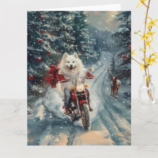 American Eskimo Dog Riding Motorcycle Christmas  Card (Yellow Flower)