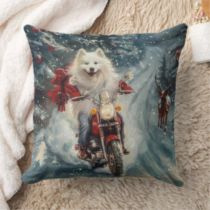 American Eskimo Dog Riding Motorcycle Christmas  Cushion