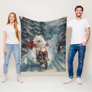 American Eskimo Dog Riding Motorcycle Christmas  Fleece Blanket