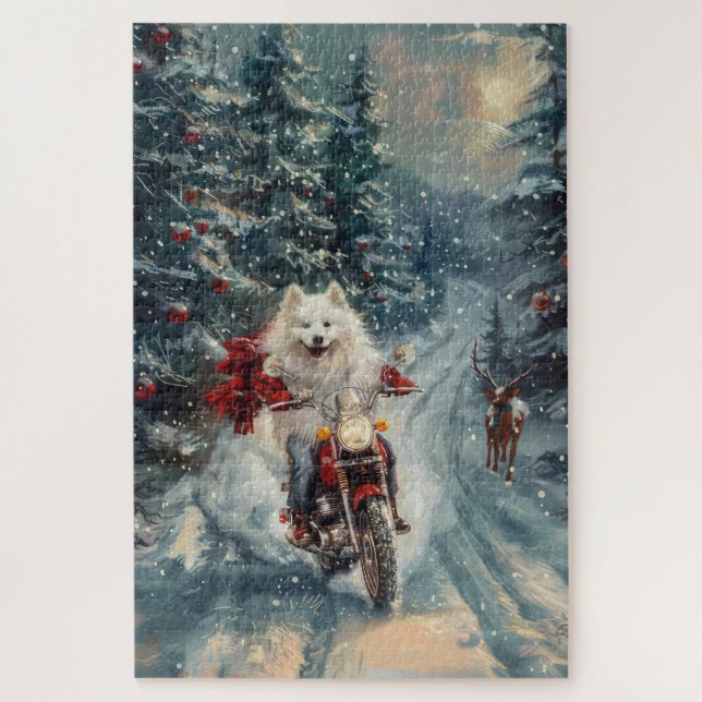 American Eskimo Dog Riding Motorcycle Christmas  Jigsaw Puzzle (Vertical)