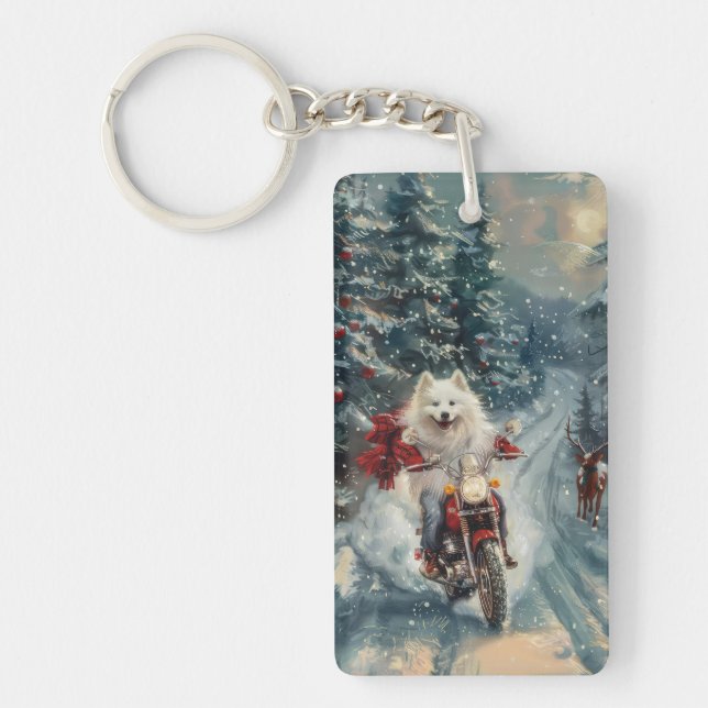 American Eskimo Dog Riding Motorcycle Christmas  Key Ring (Front)