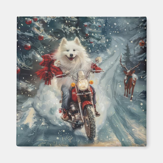American Eskimo Dog Riding Motorcycle Christmas  Magnet (Front)