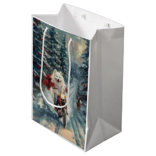 American Eskimo Dog Riding Motorcycle Christmas Medium Gift Bag
