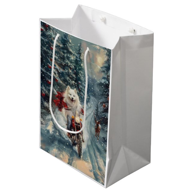 American Eskimo Dog Riding Motorcycle Christmas  Medium Gift Bag (Front Angled)