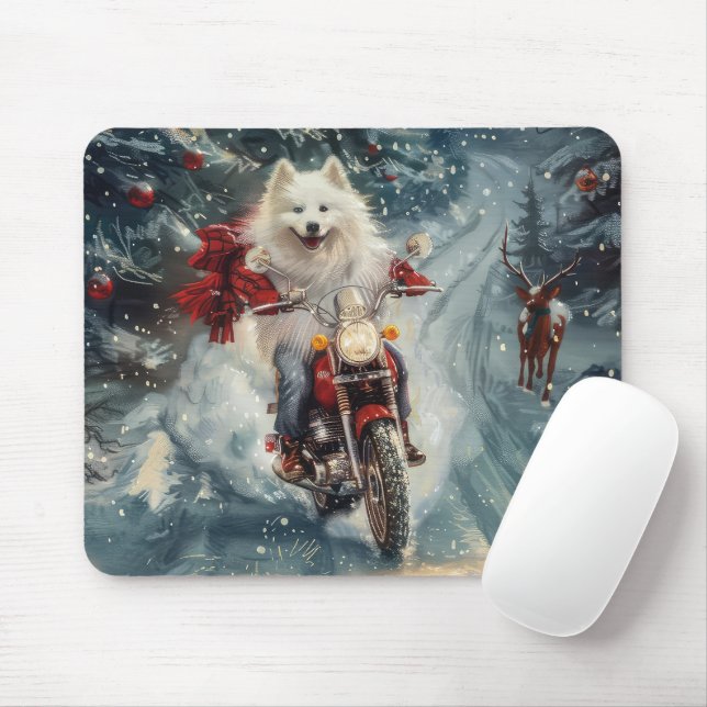 American Eskimo Dog Riding Motorcycle Christmas  Mouse Mat (With Mouse)
