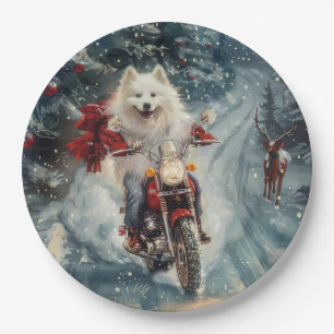 American Eskimo Dog Riding Motorcycle Christmas  Paper Plate