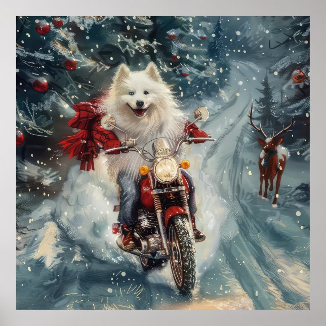 American Eskimo Dog Riding Motorcycle Christmas  Poster (Front)